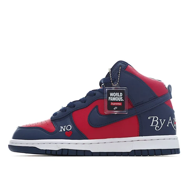 Supreme x Nike SB Dunk High “By Any Means” Red and Blue Sneakers